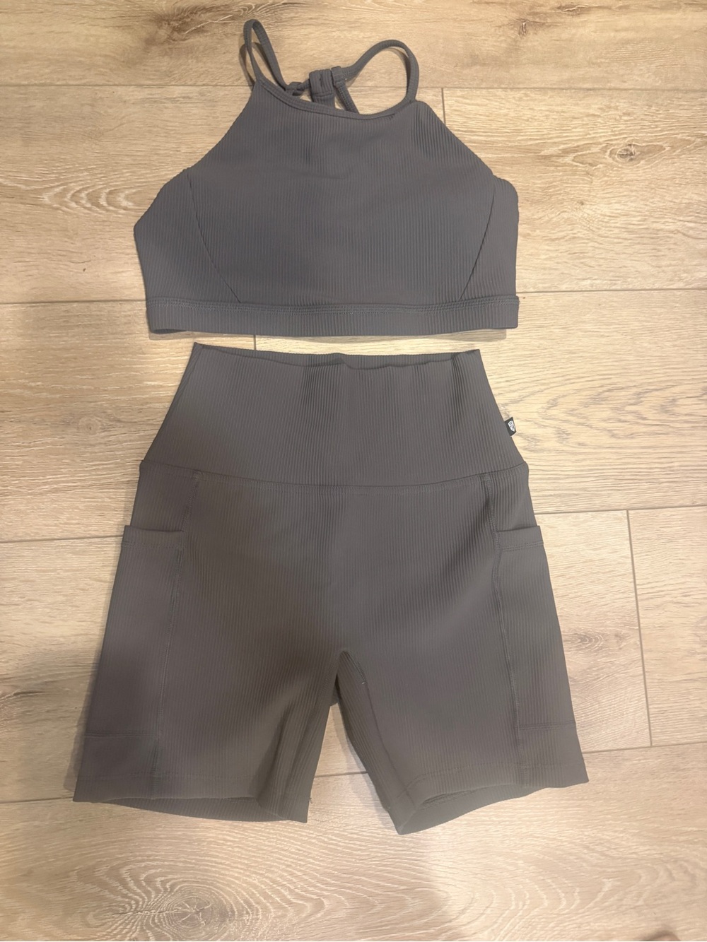 Born Primitive Ribbed High-Rise Bike Shorts Set - Charcoal Gray